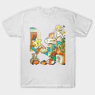 Happy children going down the stairs on Christmas morning to see the gifts that Santa Claus left under the pine tree Comic Retro Vintage T-Shirt